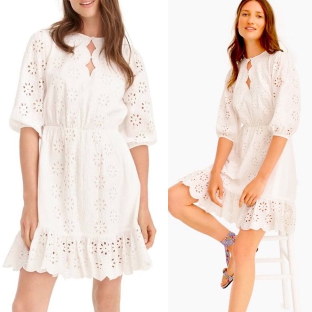 J.Crew White Eyelet Mini Dress | Belted Cotton | Cottagecore Summer size Small - Picture 2 of 12
